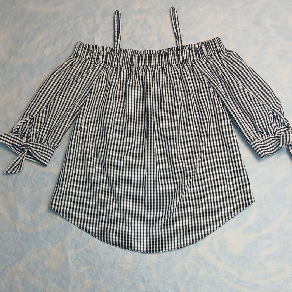 IZ Byer Black and White Gingham Off The Shoulder Blouse Womens SZ S